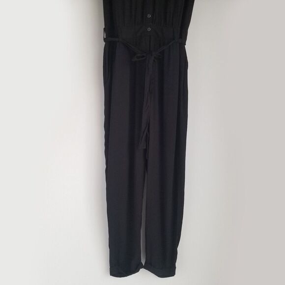 Express Button Front Jumpsuit Womens XS Roll Tab Sleeve Black Viscose Front Tie - Picture 3 of 9
